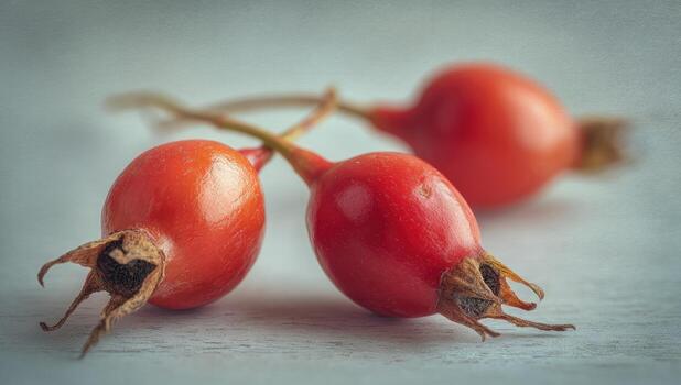 Three red berries sit on a table photo