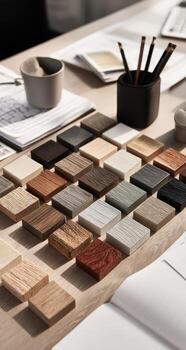 A table with various wood samples on it photo