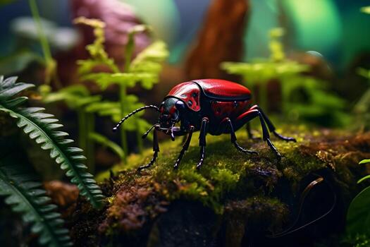 Close-up view of a bug crawling on a patch of moss in a natural setting. photo