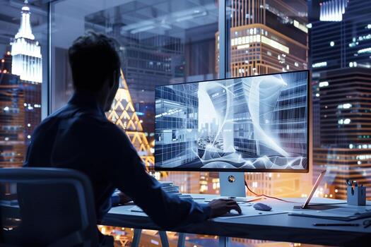 Architect designing innovative sustainable building project using software on computer photo