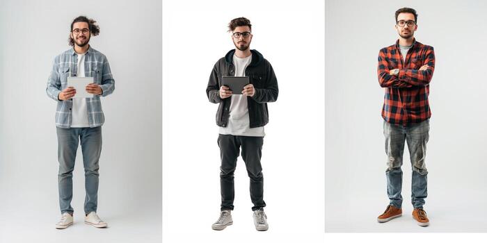 software desarrollador en pie y utilizando digital tableta en diferente poses foto