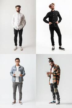 Collage of software developers using technology and posing on white background photo