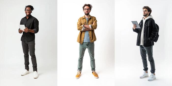 Tres software desarrolladores utilizando digital tableta y sonriente en blanco antecedentes foto