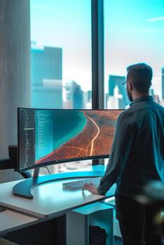 Software developer working on code at standing desk in modern office photo