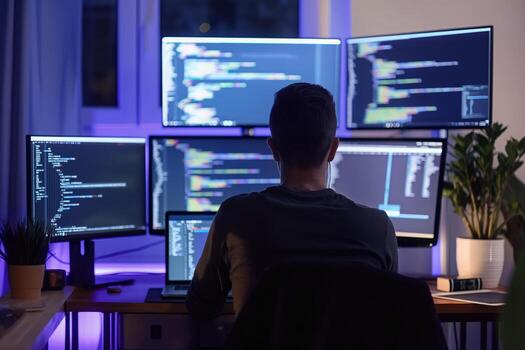 Software developer working late night programming and coding on multiple monitors photo