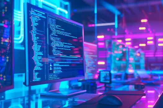 Software developer writing code on computer in neon lit office photo