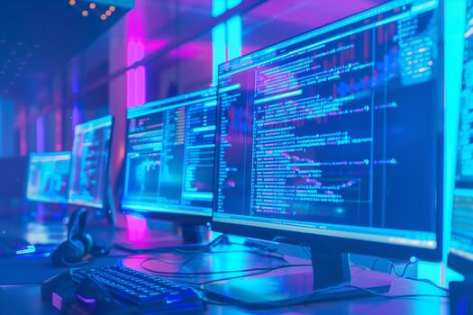 Software developer writing code on multiple monitors in modern neon lit office photo