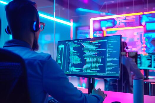 software desarrollador escritura código trabajando a computadora en creativo oficina a noche foto