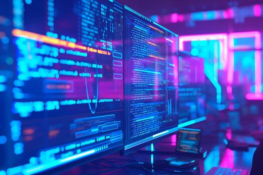 software desarrollador escritura código en múltiple monitores con neón ligero foto