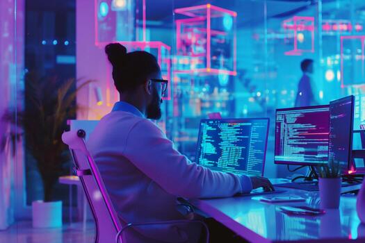 Software developer working on computer code in neon office at night photo