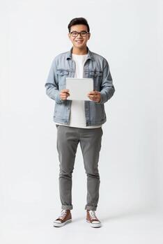 Software developer smiling and holding tablet on white background photo