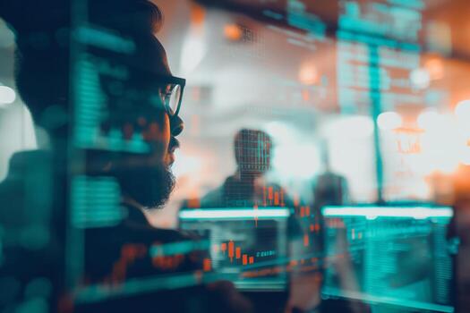 software desarrollador analizando código y gráficos en múltiple pantallas foto