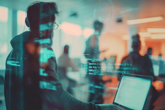 software desarrollador trabajando con ordenador portátil y programación código interfaz foto