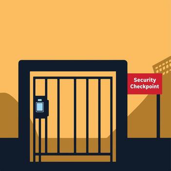 Secure boundary concept showing a locked gate at a modern security checkpoint with digital access vector
