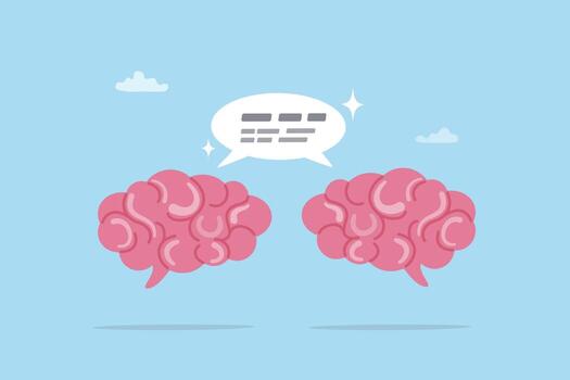 Communicate information, discussion or debate with reason, understanding talk, effective communication, result or knowledge sharing, human brain communicate by talking speech bubble discussion. vector