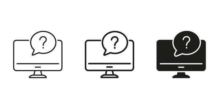 Computer With Question Mark Icon Set. Technical Support, It Help, And Online Assistance Outline And Silhouette Symbol Collection. Customer Service And Troubleshooting vector