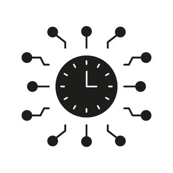 Clock With Circuit Connections Solid Icon. Time Management And Digital Networking Silhouette Symbol. Technology Integration And Automation. Isolated Illustration vector