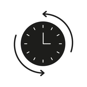 Clock With Arrows Solid Icon. Time Management, Scheduling, And Cycle Tracking Silhouette Symbol. Efficient Planning. Isolated Illustration vector