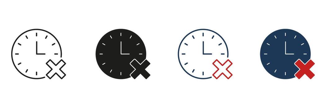 Clock With Cross Mark Line And Solid Icon Set. Time Management, Deadline Missed, And Schedule Cancellation Symbol Collection. Task And Appointment Rescheduling. vector