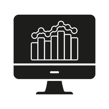 Computer Monitor With Graph Solid Icon. Data Analysis, Business Analytics, Performance Tracking Silhouette Symbol. Financial Insights And Reporting. Isolated Illustration vector