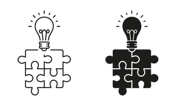 problema resolviendo, negocio innovación icono. rompecabezas con ligero bulbo línea y silueta icono colocar. rompecabezas y bombilla, creativo solución concepto símbolo. vector