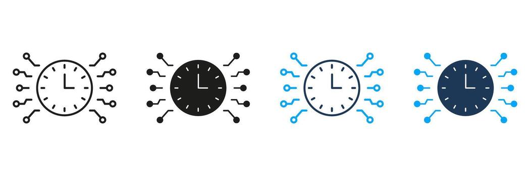 Clock With Circuit Lines Line And Solid Icon Set. Time Management And Digital Connectivity Symbol Collection. Technology And Efficiency. Isolated Illustration vector