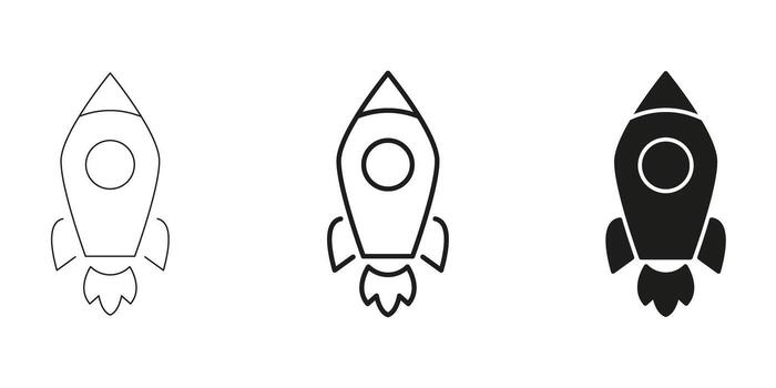 Rocket Launch In Line, Outline, And Glyph Icon Set. Space Exploration, Innovation, And Startup Growth Symbol Collection. Technological Advancement. Isolated Illustration vector
