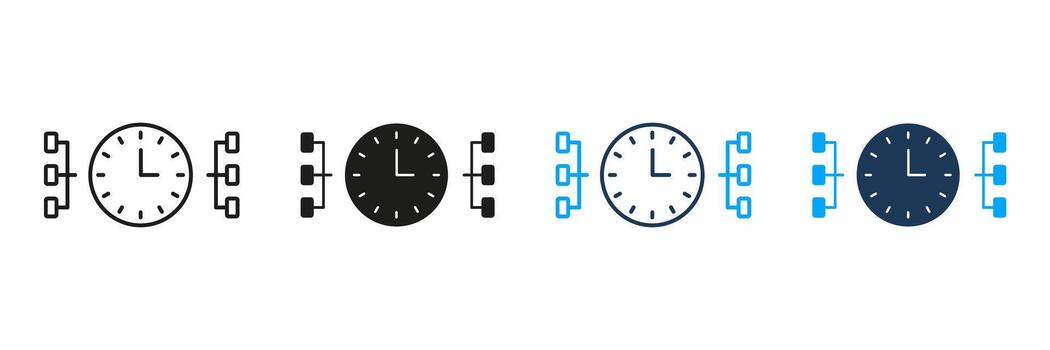 Clock With Network Nodes Line And Solid Icon Set. Time Management And Data Synchronization Symbol Collection. Connectivity And Scheduling Concept. Isolated Illustration vector