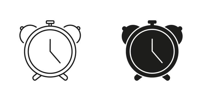 Traditional Alarm Clock Line and Silhouette Icon Set. Morning Wake Up Timer Symbol. Classic Alarm Clock, Time Reminder. Timekeeping and Wake Up Device. vector