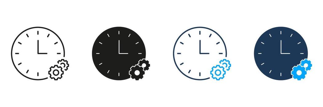 reloj con engranajes línea y sólido icono colocar. hora gestión, eficiencia, y proceso mejoramiento símbolo recopilación. productividad y flujo de trabajo. aislado ilustración vector