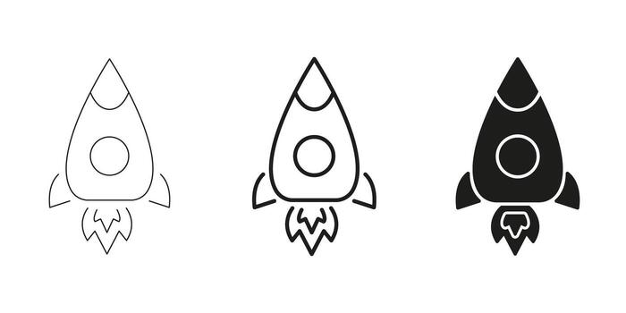 Rocket Launch In Line, Outline, Glyph Icon Set. Space Exploration And Innovation Symbol Collection. Futuristic Technology And Startup Growth. Isolated Illustration vector