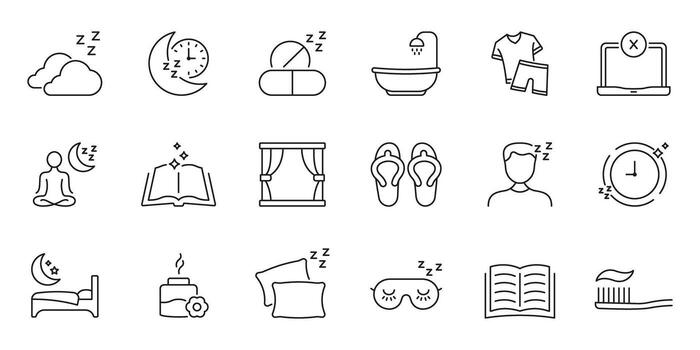 Sleep And Relaxation Line Icon Set. Nighttime Routine, Restful Sleep, And Relaxation Symbols Collection. Bedtime Essentials And Sleep Hygiene. Editable Stroke. vector
