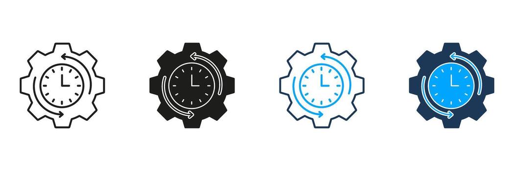 reloj y engranaje línea y sólido icono colocar. hora gestión, eficiencia, y proceso mejoramiento símbolo recopilación. aislado ilustración vector