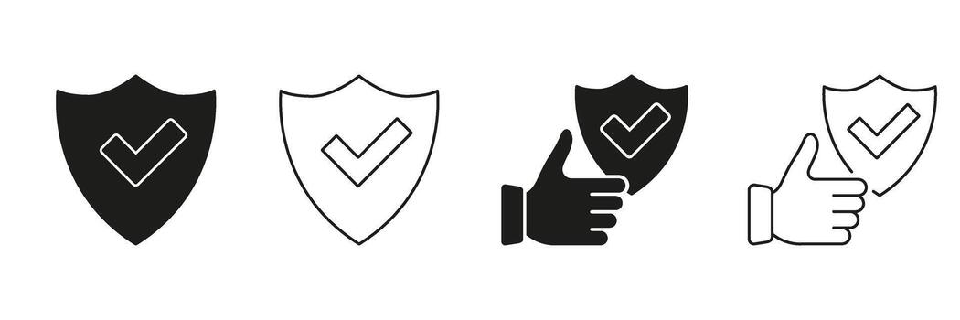 Shield With Checkmark And Thumbs Up Line And Solid Icon Set. Security Assurance And Approval Symbol Collection. Protection And Trust. Isolated Illustration vector