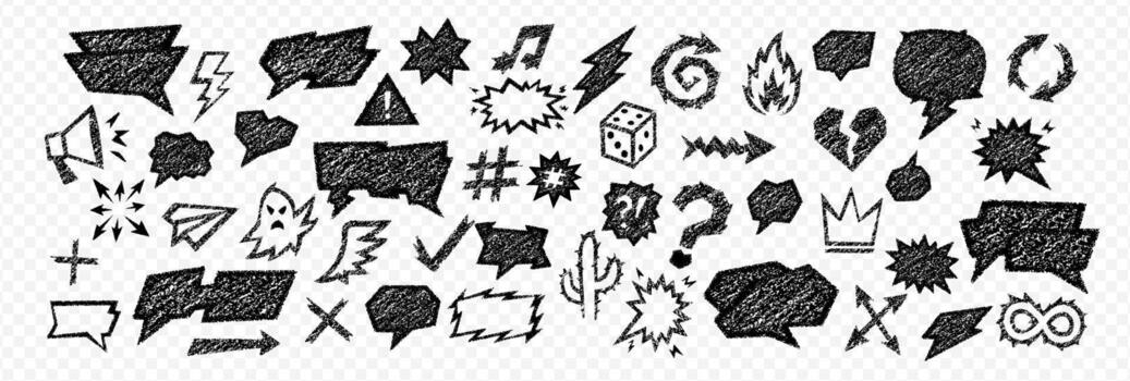 Crayon talk speech bubble with a crayon text box and doodle chalk balloon in isolated form. Crayon talk elements include arrows, clouds, signs, sketch icons and comic chat boxes. vector