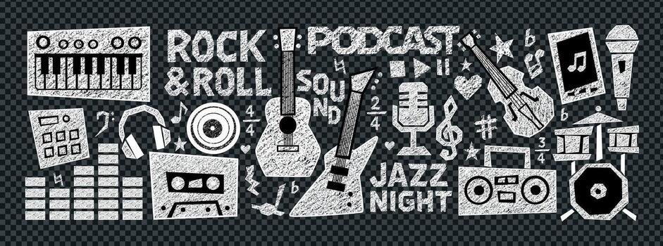 Crayon music collection of hand drawn sticker icons blends music doodles with crayon sketch lines. Crayon music includes instruments, cassette, symbols and notes on transparent background. vector