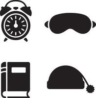 alarma reloj, dormir mascarilla, libro, y gorro de dormir íconos para dormir y descanso vector