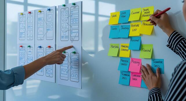 UI UX Designer Brainstorming Interface Wireframes and Mobile App Features on Whiteboard for Website Development photo