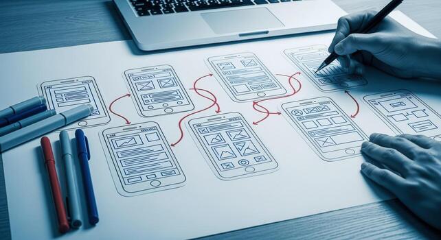 Application Interface Design Sketch on White Paper with Laptop and Pens for UXUI Concept photo