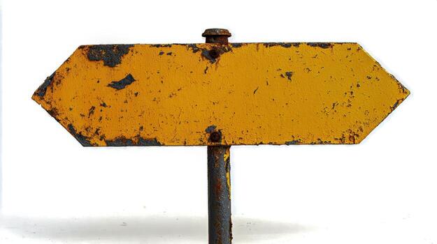 Weathered Yellow Directional Sign on White Background Signpost for Travel, Choice, and Wayfinding Concepts photo