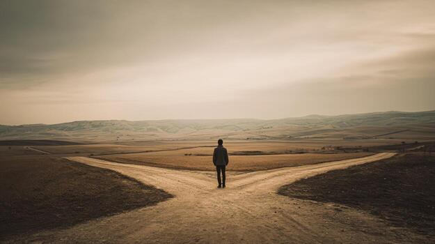 Man Standing at Crossroads Making a Decision, Exploring Future Paths and Opportunities in Nature photo