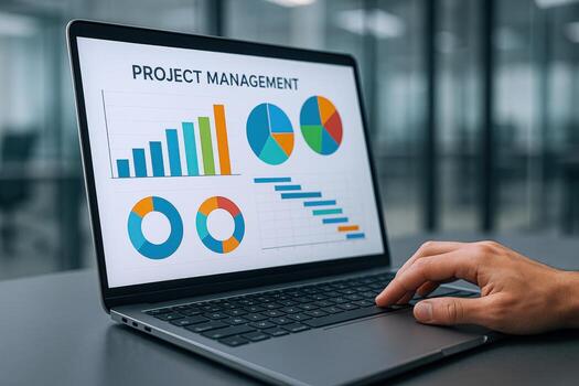 Laptop Displaying Project Management Data Charts, Graphs, and Information, Highlighting Progress and Business Analytics Analysis photo
