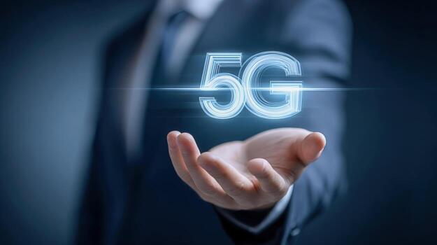 Man Presenting Futuristic 5G Technology Business Professional Holding Glowing Wireless Network Symbol for High-Speed Connectivity photo