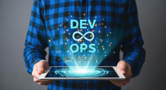Man holds tablet displaying DevOps concept with glowing infinity symbol signifying continuous integration and delivery photo