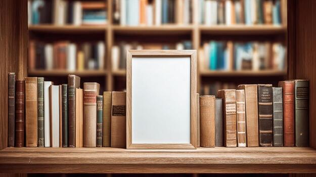 Elegant Frame Mockup on Bookshelf Display, Perfect for Art, Photos, and Announcements in Library Setting photo