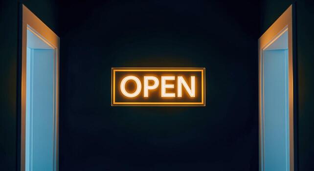 Illuminated Open Sign with Doors, Emphasizing Accessibility, Invitation, and New Opportunities in Modern Business and Retail Settings photo