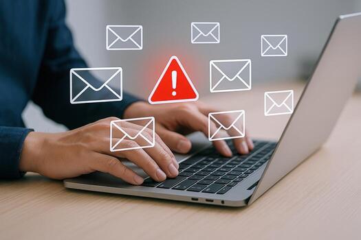 Email Security Alert Man Typing on Laptop Receiving Spam, Phishing Emails, or Virus Warning photo