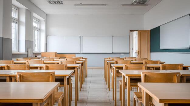Empty Classroom with Desks and Whiteboard, Prepared for Students and Educational Activities photo