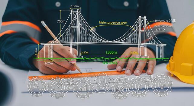 Engineer planning a bridge construction project, reviewing architectural blueprints and calculations with safety helmet on the table photo