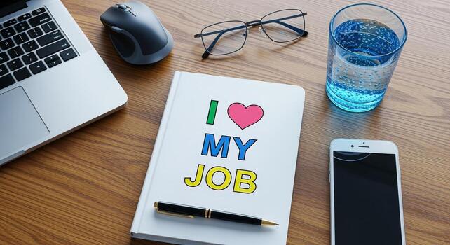 Workplace Still Life Laptop, Notebook with Message, and Refreshments on a Wooden Desk photo